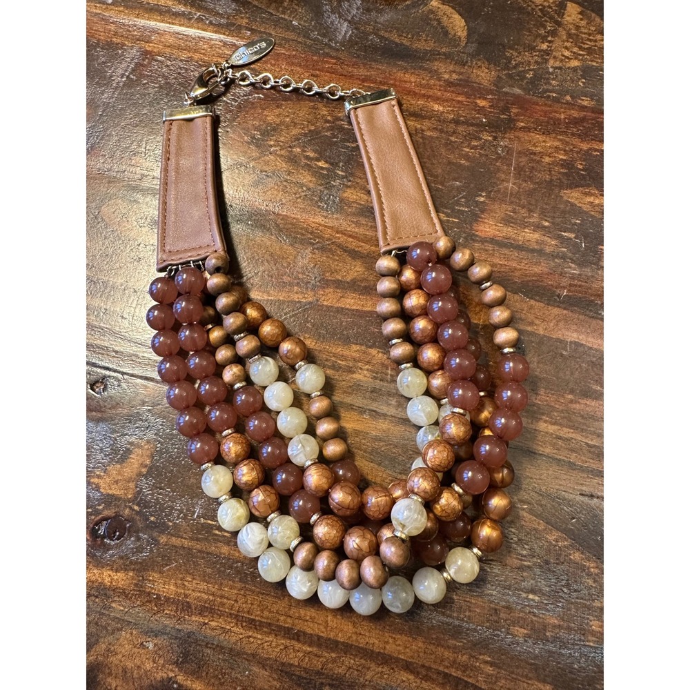 Chicos Womens Multi Strand Beaded Statement Necklace Brown Tan Wood Faux Leather
